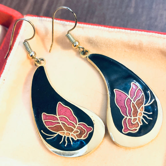 Vintage Art Deco Style Teardrop Earrings Cloisonné Enamel Butterfly Design 1980s