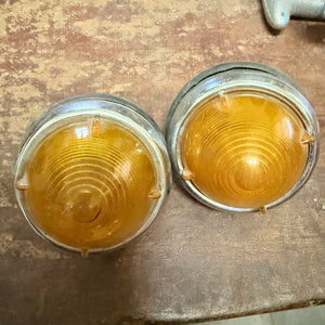 Pair Of Vintage Indicator Lens Light Assemblies Orange Beehive & Metal Surrounds
