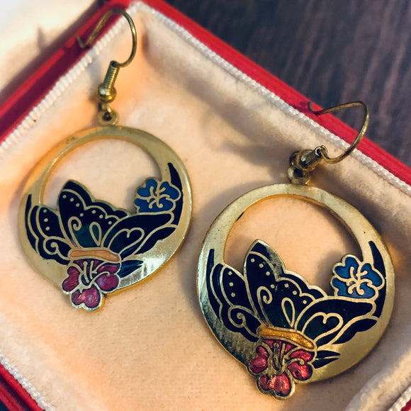 Vintage Art Deco Style Hoop Earrings Cloisonné Enamel Butterfly Design 1980s