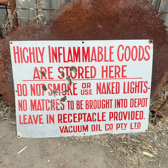 Antique Enamel Inflammable Goods Sign For Vacuum Oil By Simpson of Adelaide - NO SHIPPING!!  PICKUP ONLY TRURO, SA!!