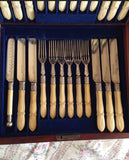 Boxed Set of Antique Victorian English Fruit Knives & Forks Ornate Carved Bone Handles With Silver Plate by Walker and Hall
