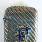 Antique Victorian Brass Vesta Case Match Holder With Blue Enamel Letter F 1890s