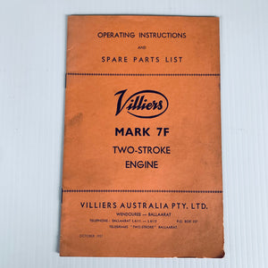 Villiers Mark 7F Two Stroke Engine Operating Instructions & Spare Parts List