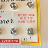 Vintage New Old Stock 1940s UK Newey’s Rustless Snap Fasteners Packet of 12 Silver Size 1