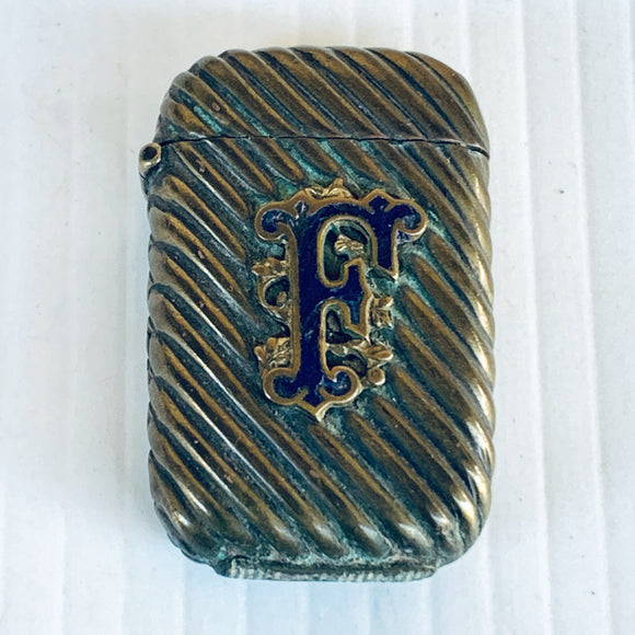 Antique Victorian Brass Vesta Case Match Holder With Blue Enamel Letter F 1890s