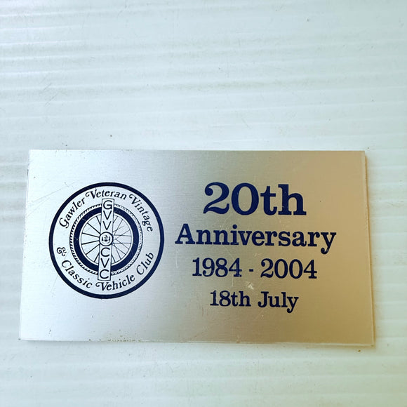 Gawler Veteran Vintage & Classic Vehicle Club SA 20th Anniversary Plaque 1984 - 2004