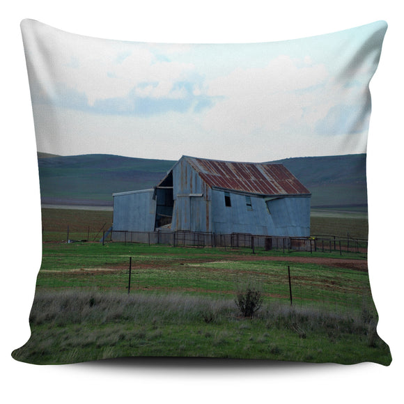New cushion pillow cover printed with original photograph of a derelict barn shearing shed