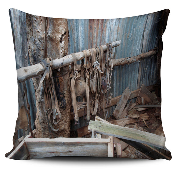 New cushion pillow cover printed with original photograph of rustic bridles decaying in the Flinders Ranges
