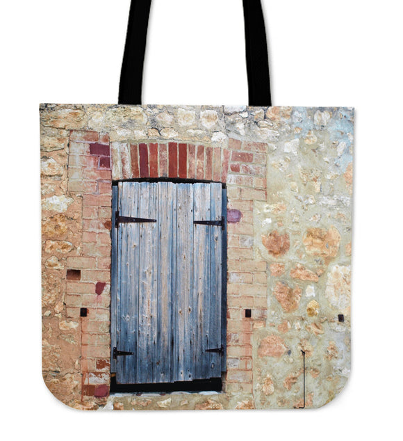New cloth tote shopping carrier bag printed with original photograph of blue wooden shutters in a stone barn window