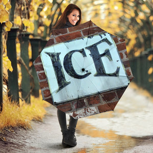New umbrella printed with original photograph of an antique ice sign in historic Maldon, Victoria