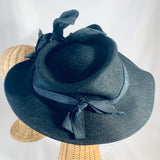 Original Vintage Black Felt & Grosgrain Ribbon  Elaborate Bow 1960s Winter Hat