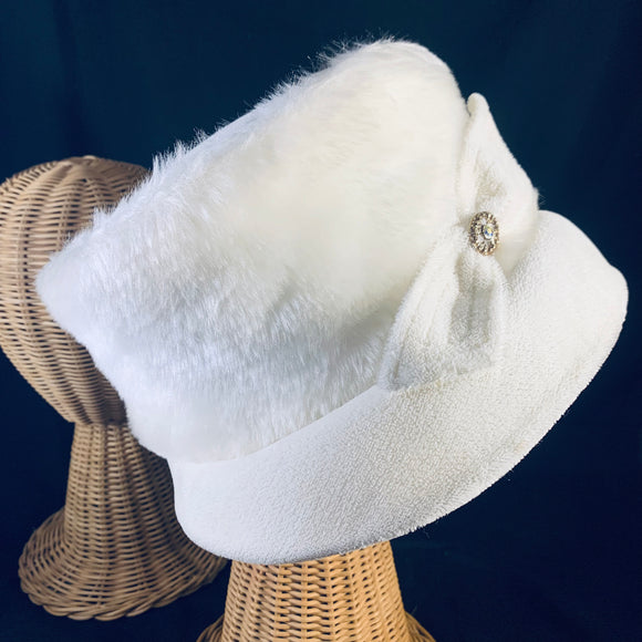 Original Vintage White Velvet And Faux Fur 1960s Winter Hat