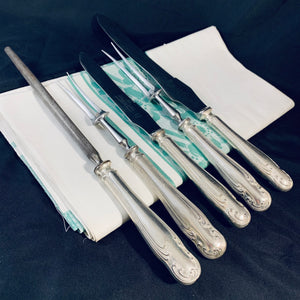 Vintage 5 Piece Carving Set Steel & English Silver Plate Rococo Pattern 1950s