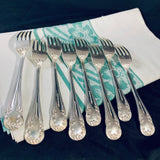 8 x Vintage English Silver Plate Entree Forks Rococo Pattern Harrison Bros 1950s