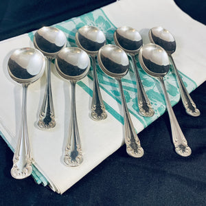 8 x Vintage English Silver Plate Ice Cream Spoons Rococo Pattern Harrison Bros George VI