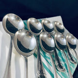8 x Vintage English Silver Plate Soup Spoons Rococo Pattern Harrison Bros George VI