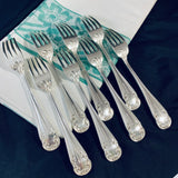 8 x Vintage English Silver Plate Dinner Forks Rococo Pattern Harrison Bros 1950s