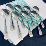 8 x Vintage English Silver Plate Ice Cream Spoons Rococo Pattern Harrison Bros George VI