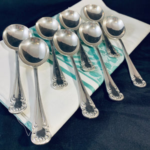 8 x Vintage English Silver Plate Soup Spoons Rococo Pattern Harrison Bros George VI