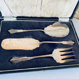 Antique English Silver Plate Trio Set Of Servers Original Case Spoon Fork Slide